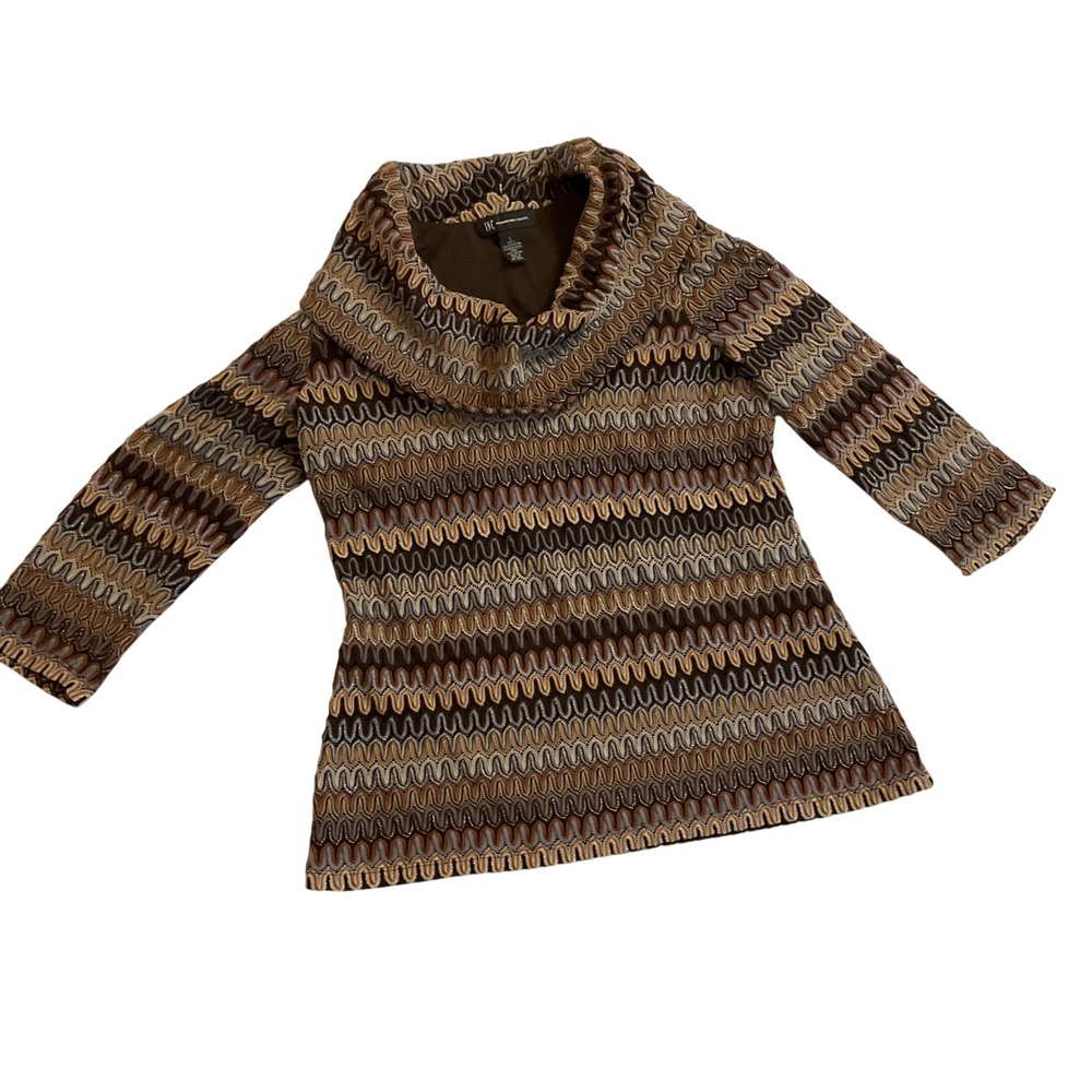 INC International Concepts Brown Pattern Cowl Neck 3/4 Sleeve Top Retro Y2k
